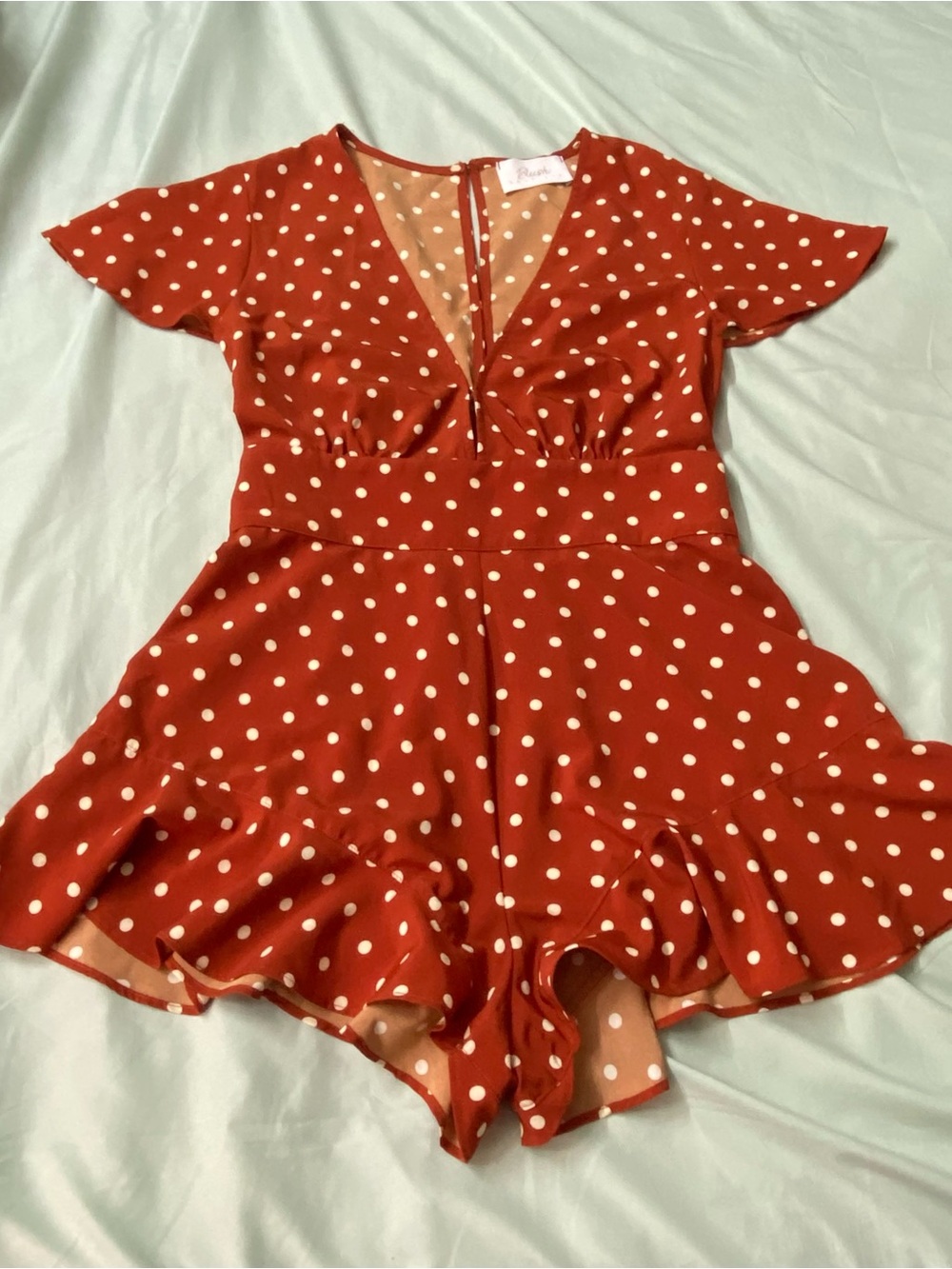 Blush Boutique Polka Dot Romper Rust Brown Ruffle Skort Inset Smocked V Neck LG